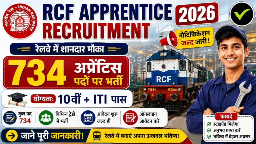 RCF Apprentice Recruitment 2026 रेलवे में 734 अप्रेंटिस पदों पर भर्ती, 10वीं + ITI पास करें आवेदन