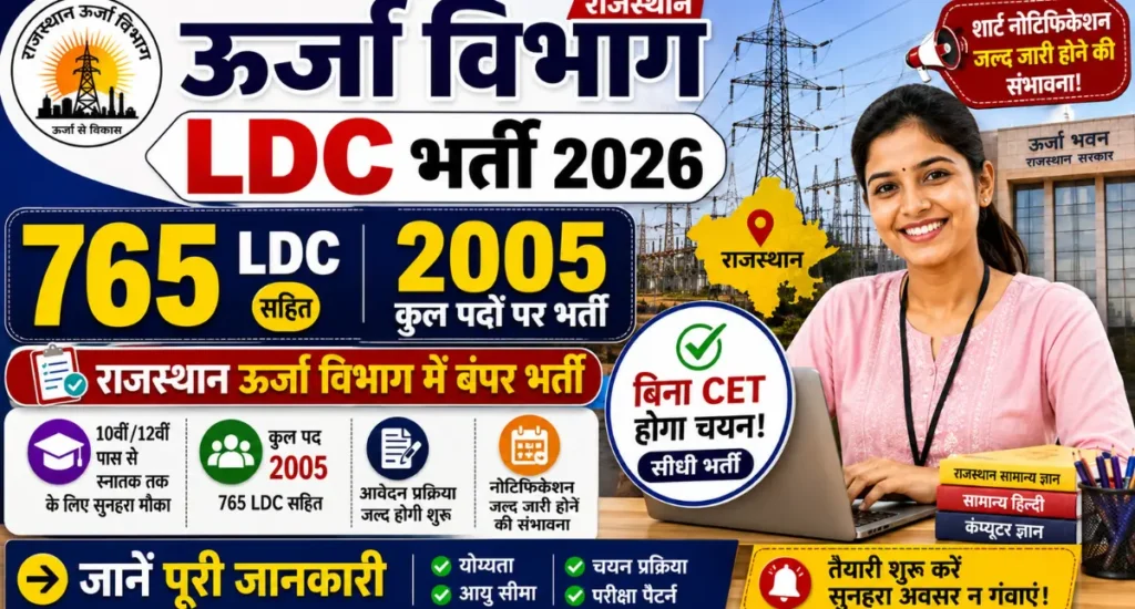 Urja Vibhag LDC Vacancy 2026: राजस्थान ऊर्जा विभाग में 765 LDC सहित 2005 पदों पर भर्ती, बिना CET होगा चयन
